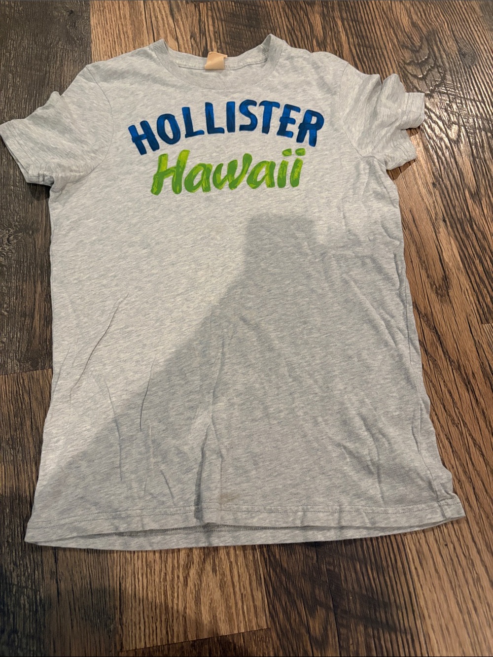 Hollister Light Gray Tee with Blue & Lime Hawaii Script